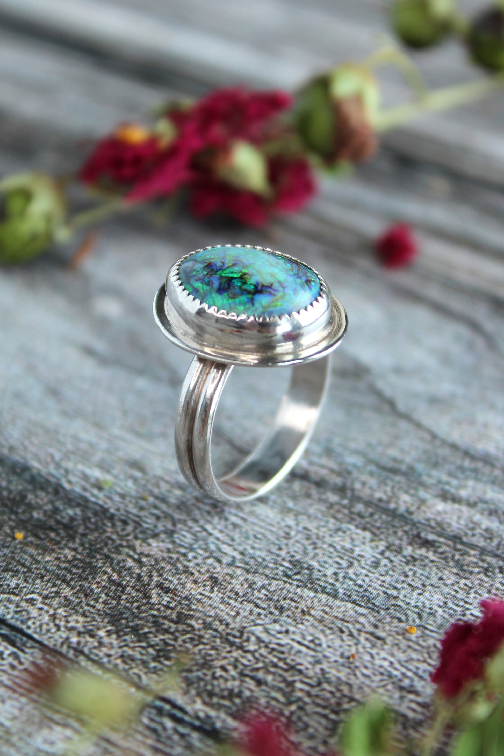 Lab Created Blue Green Monarch Opal Gemstone set in Sterling Silver. Handmade by Cara Carter Jewelry