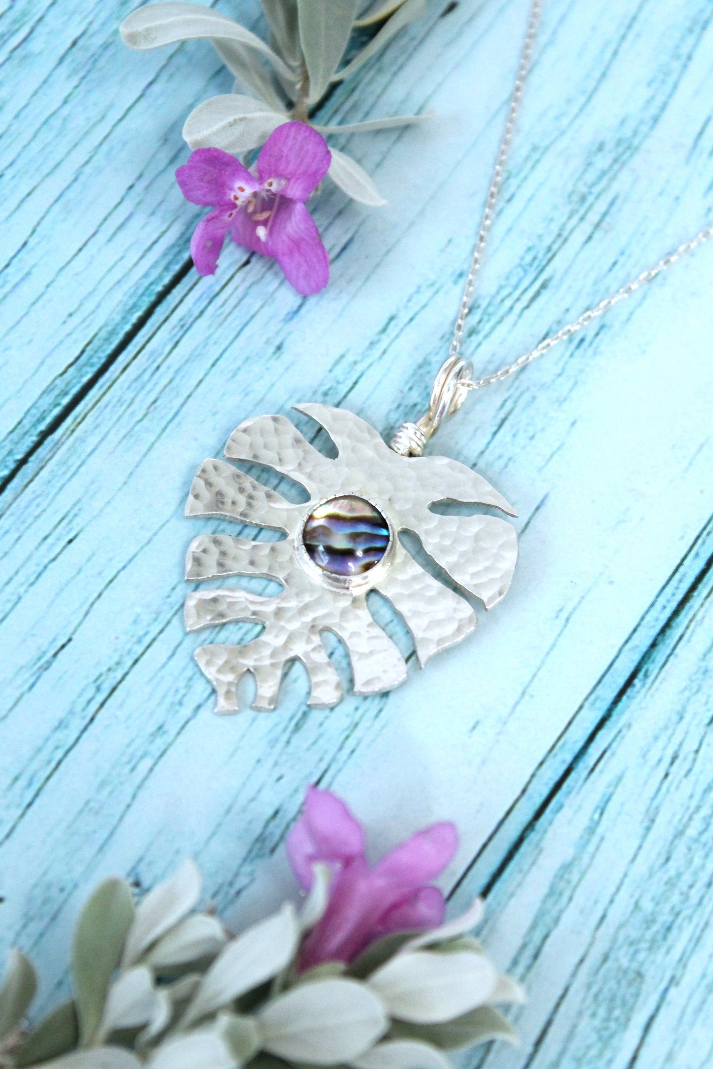 Monstera Leaf + Abalone Hand-Pierced Sterling Silver Necklace