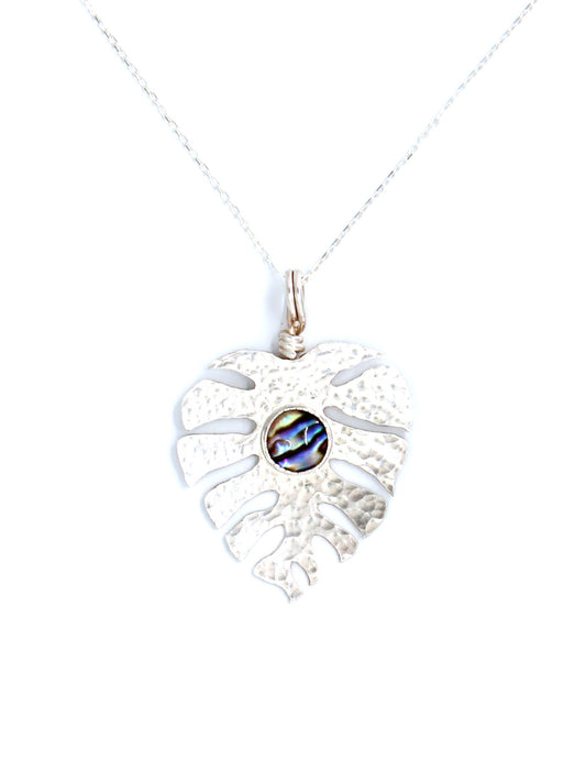 Monstera Leaf + Abalone Hand-Pierced Sterling Silver Necklace