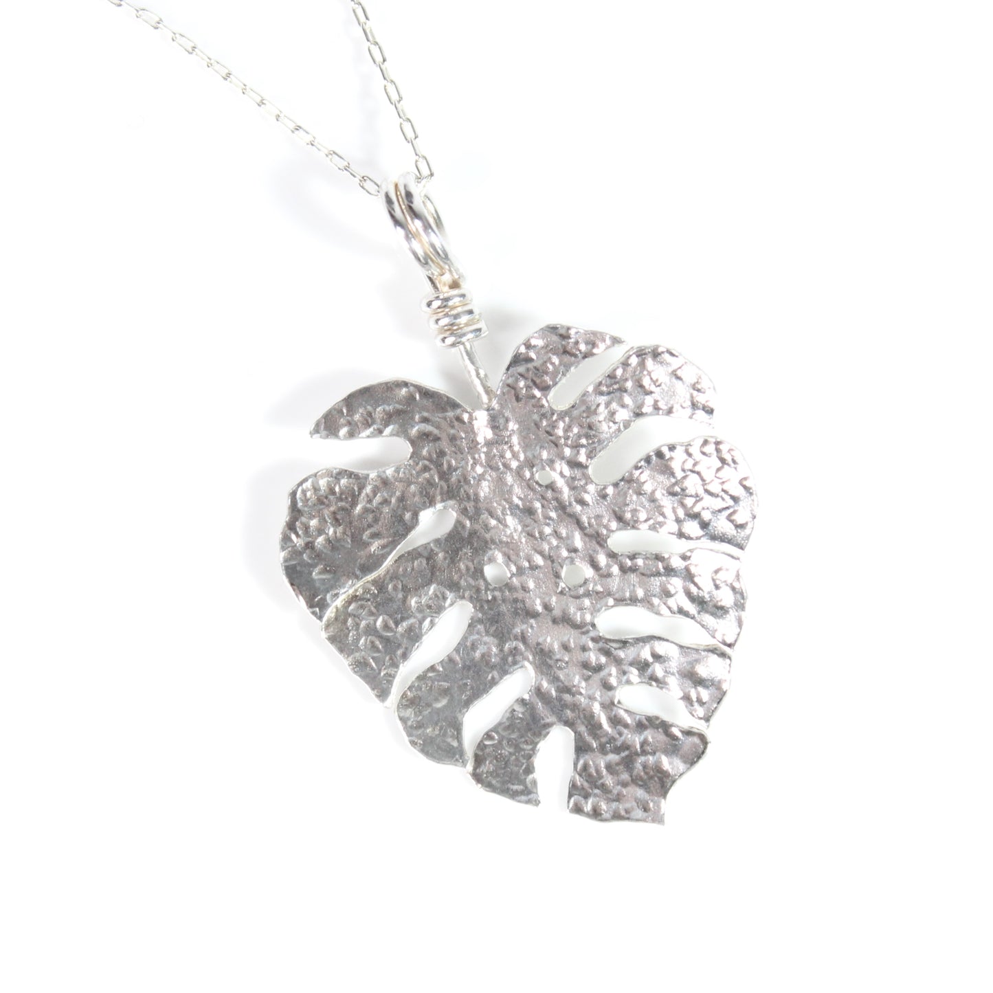 Monstera Leaf Hand Cut and Hammered Sterling Silver Pendant Necklace