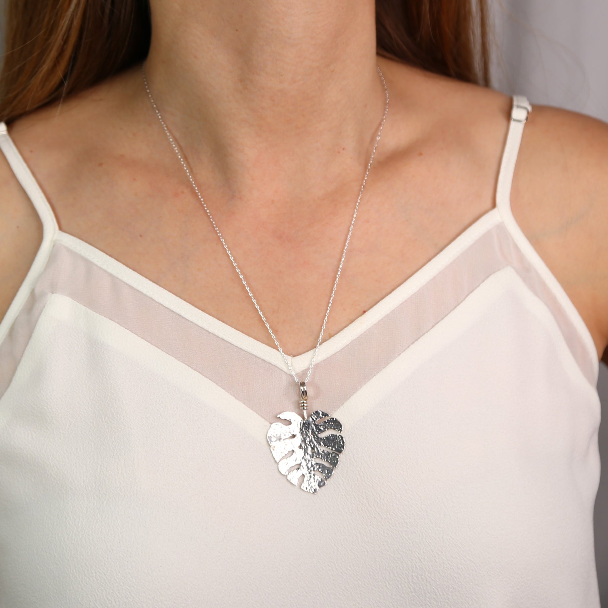 Monstera Leaf Hand Cut and Hammered Sterling Silver Pendant Necklace