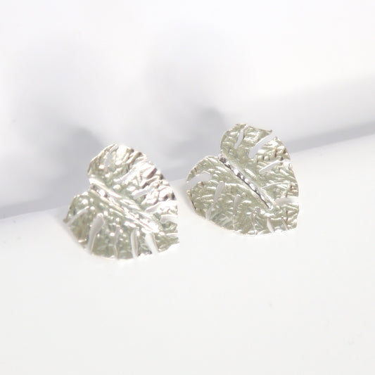 Monstera Leaf Plant Hand-Cut and Hammered Sterling Silver Post Earrings