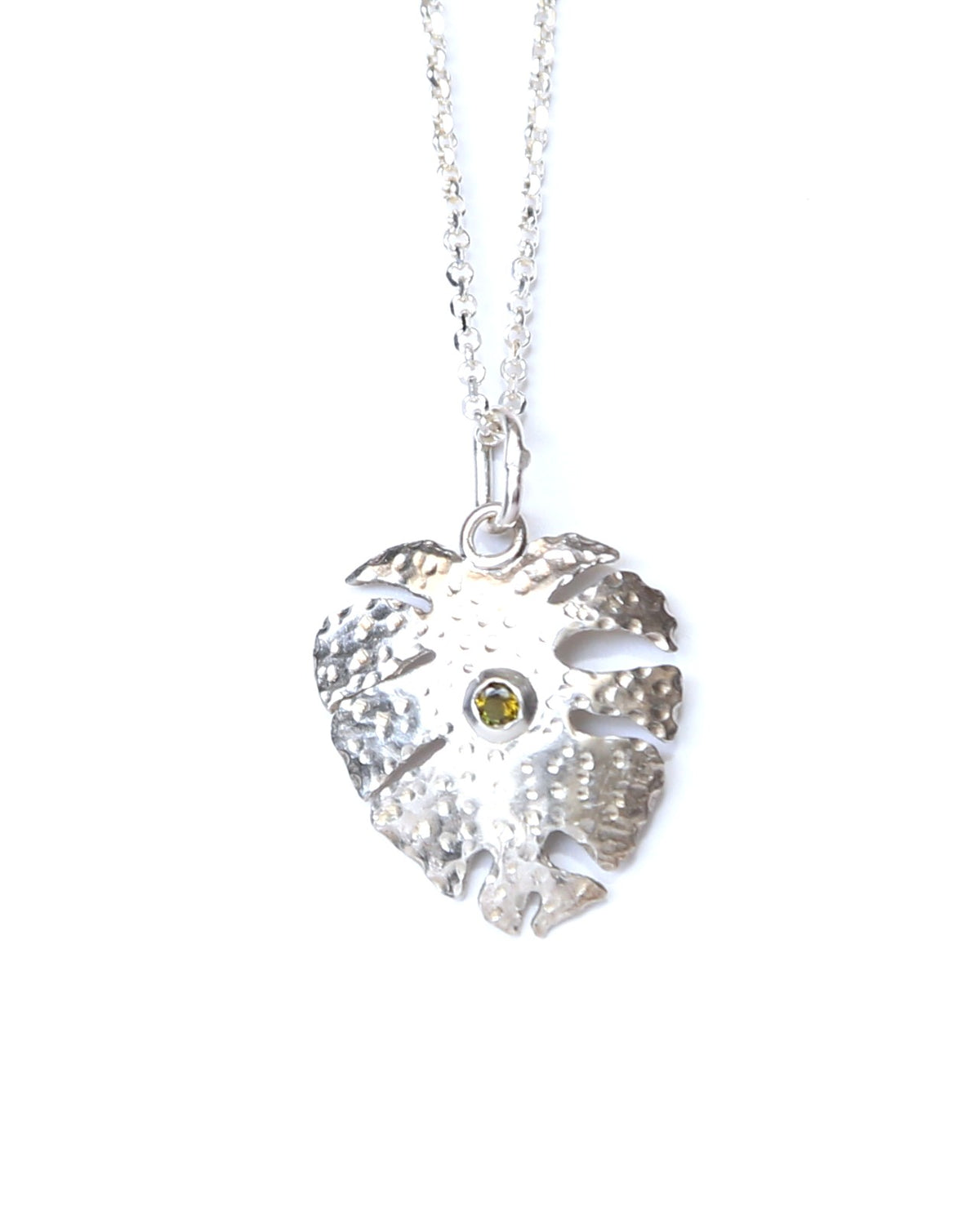 Monstera Leaf Sterling Silver Necklace with Tourmaline