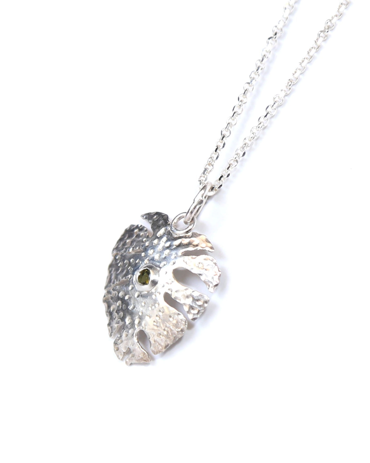 Monstera Leaf Sterling Silver Necklace with Tourmaline