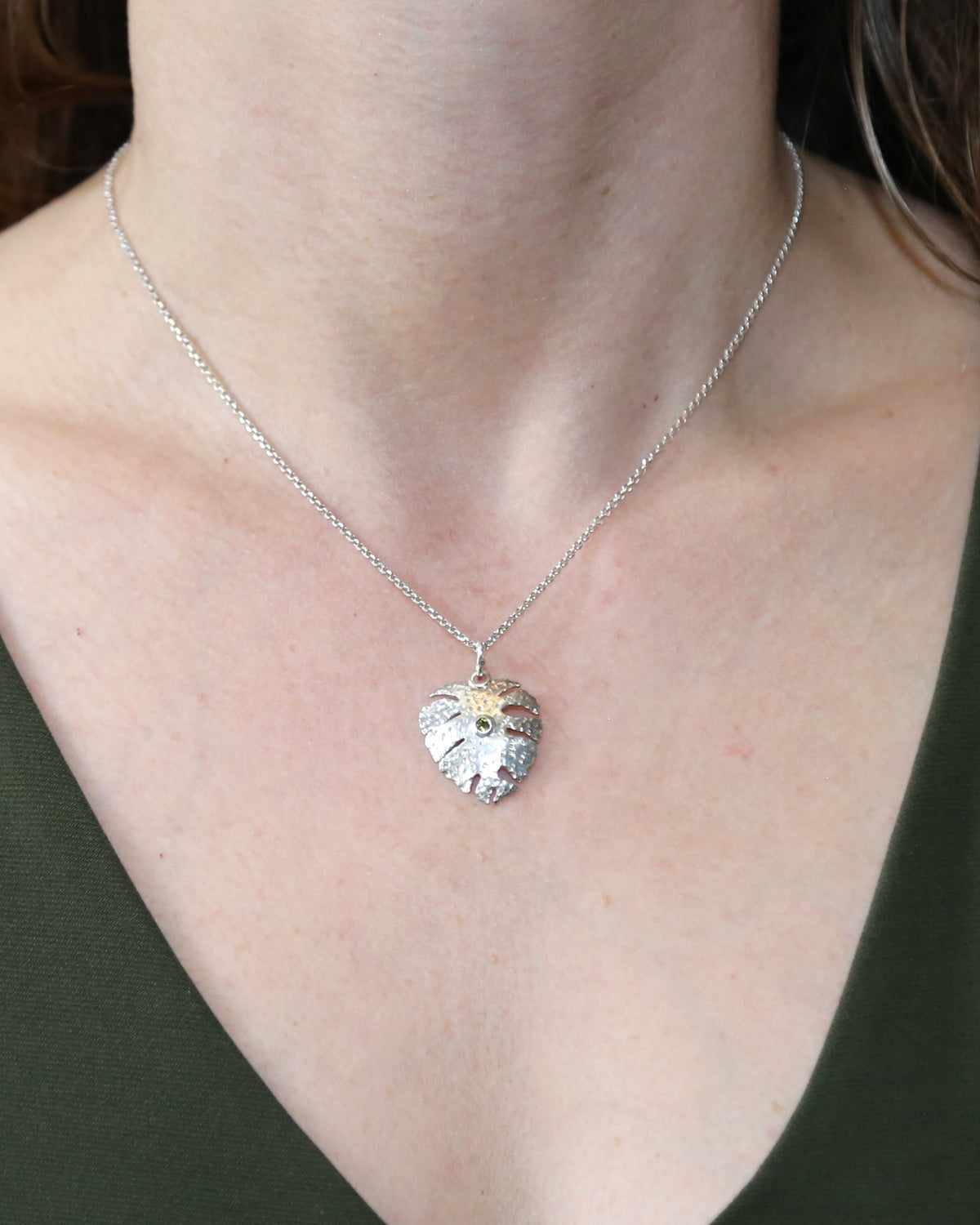 Monstera Leaf Sterling Silver Necklace with Tourmaline