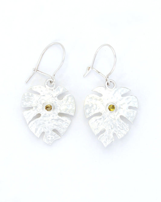 Monstera and Tourmaline Hand-Pierced Sterling Silver Earrings