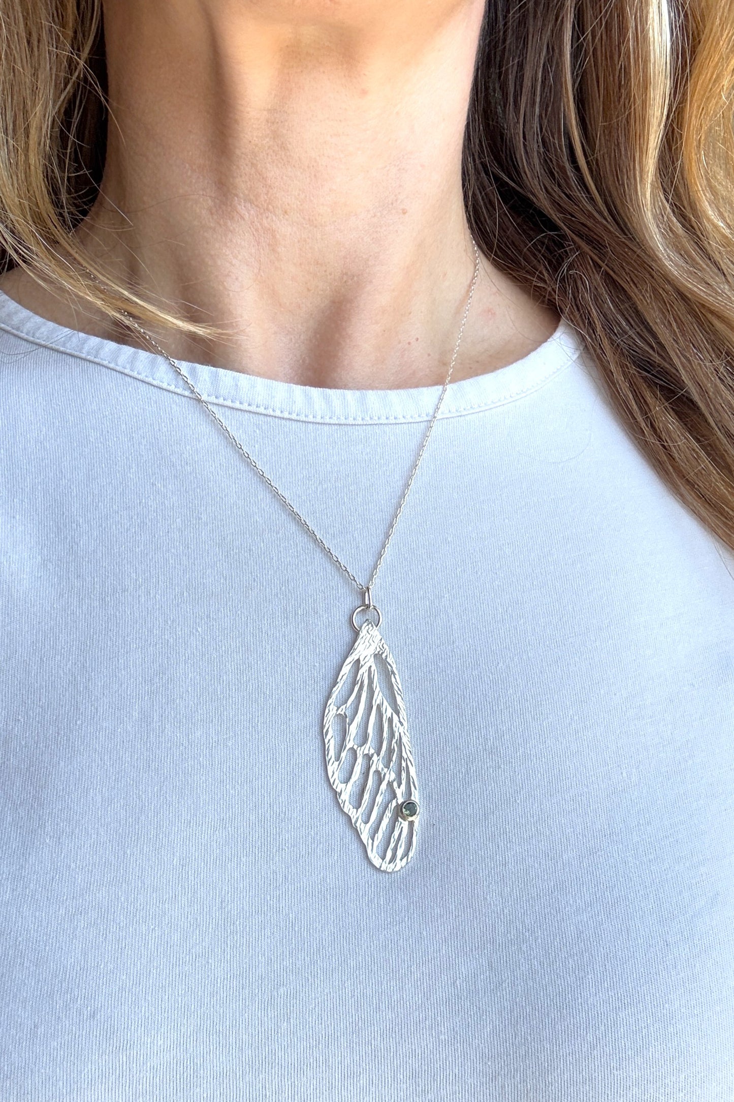 Cicada Wing with Tourmaline | Hand-Pierced Sterling Silver Necklace