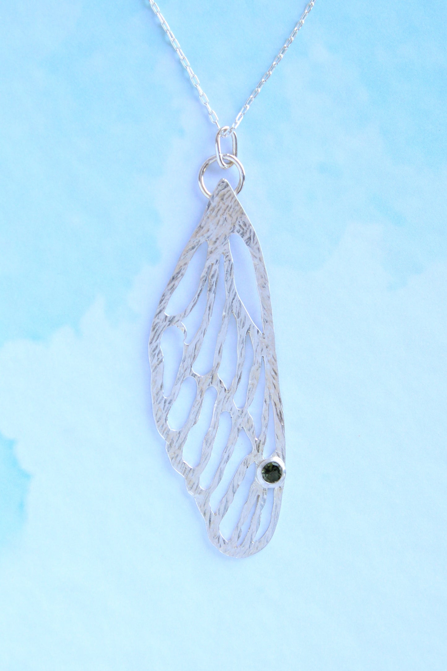 Cicada Wing with Tourmaline | Hand-Pierced Sterling Silver Necklace