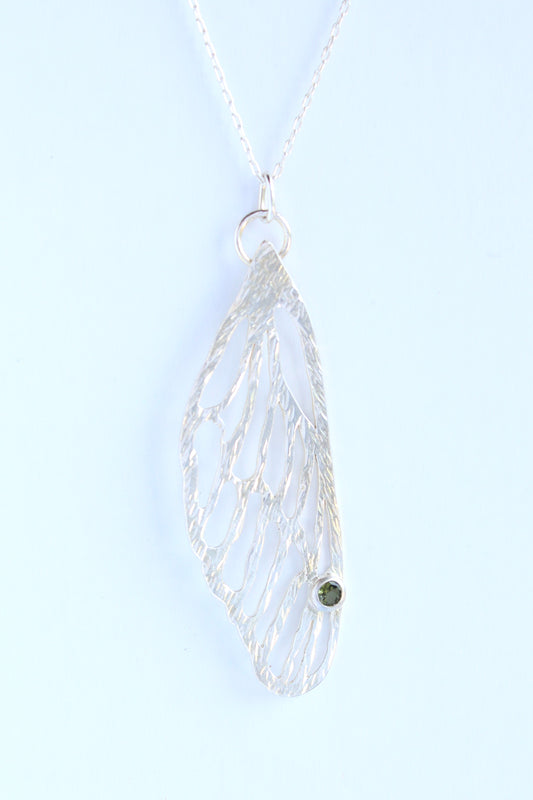 Cicada Wing with Tourmaline | Hand-Pierced Sterling Silver Necklace