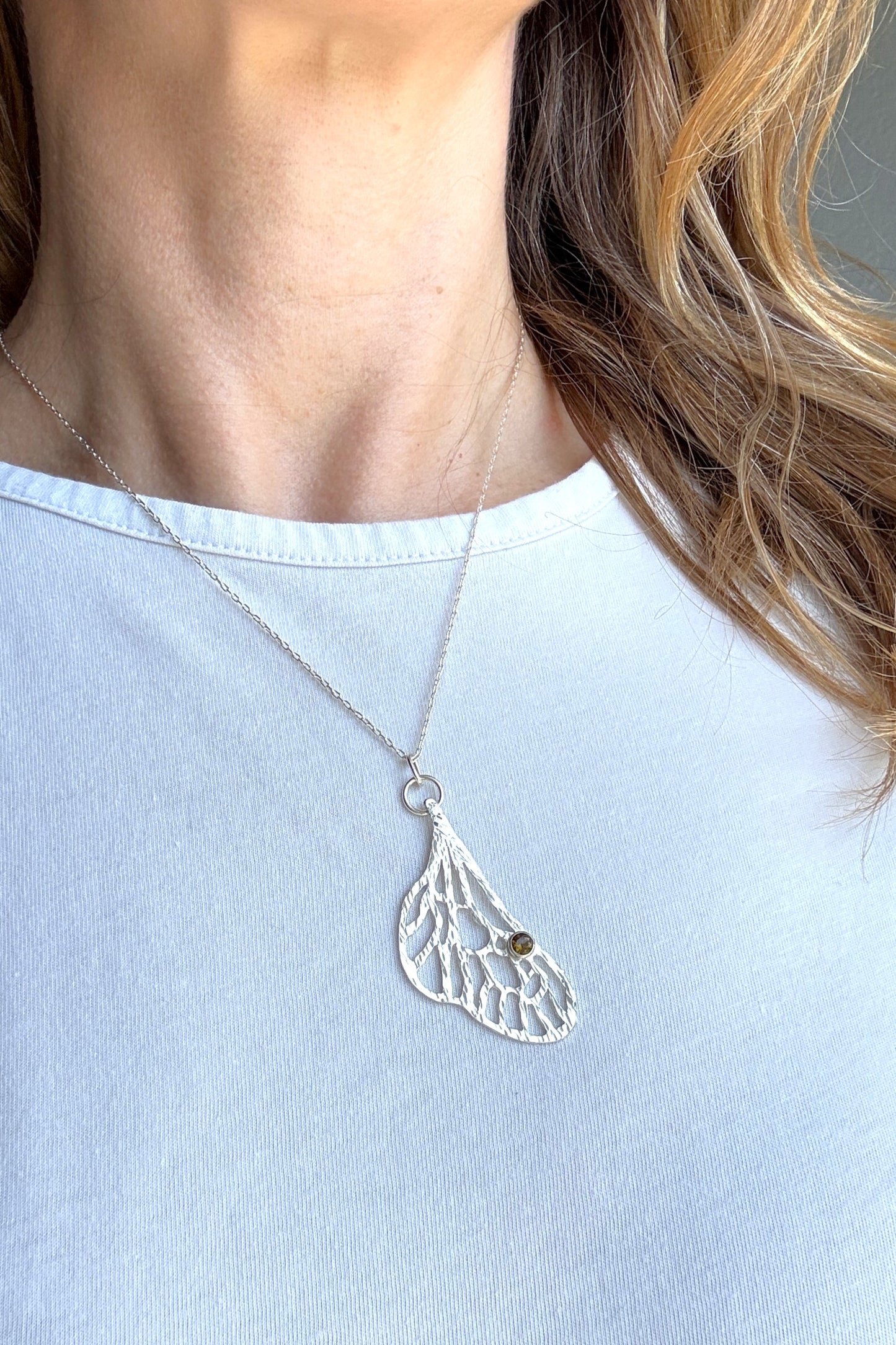 Honeybee Wing with Tourmaline | Hand-Pierced Sterling Silver Necklace
