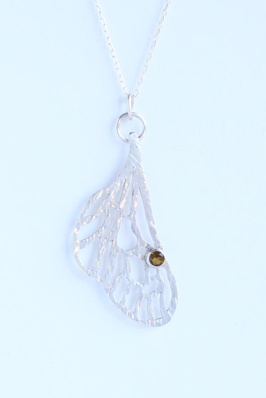 Honeybee Wing with Tourmaline | Hand-Pierced Sterling Silver Necklace