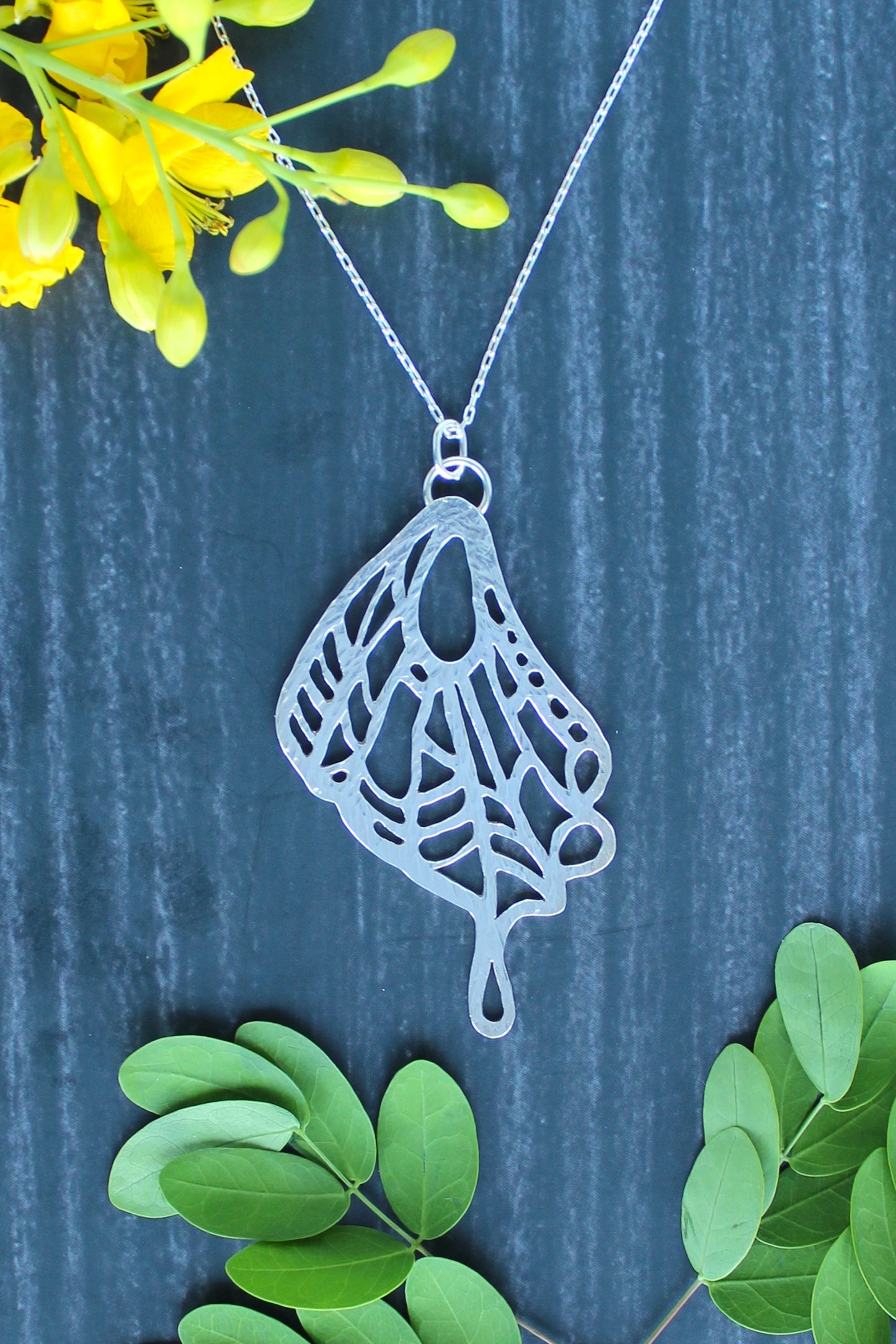 Mystical Swallowtail Insect Wing Handmade Hand-Pierced and Hammered Sterling Silver Pendant Necklace