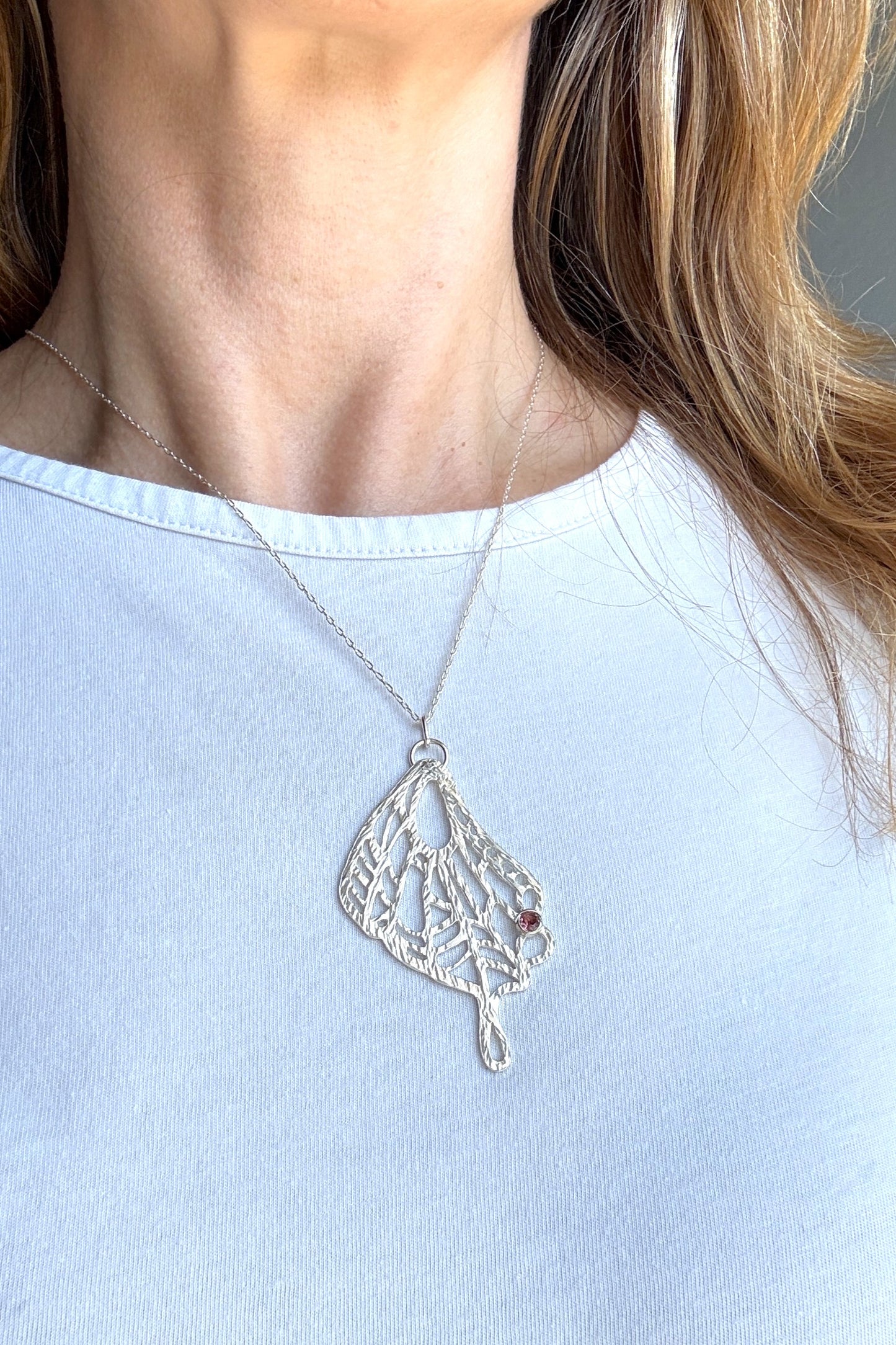 Swallowtail Wing with Tourmaline | Hand-Pierced Sterling Silver Necklace