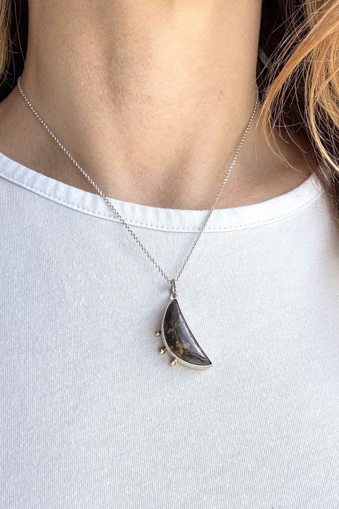 Ocean Jasper Sterling Silver and 14k Gold Necklace