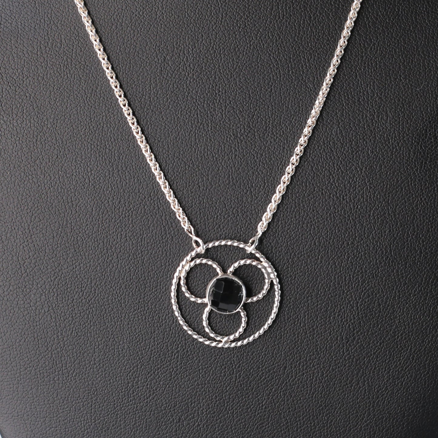 Onyx Black Faceted Gemstone set in a stylized floral design - Sterling Silver Wheat Necklace