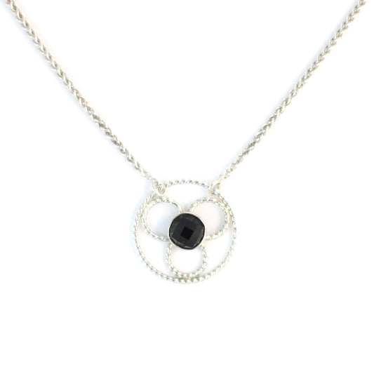 Onyx Black Faceted Gemstone set in a stylized floral design - Sterling Silver Wheat Necklace