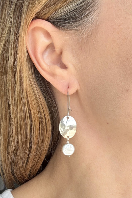 Hammered Shield Pearl Drops Earrings