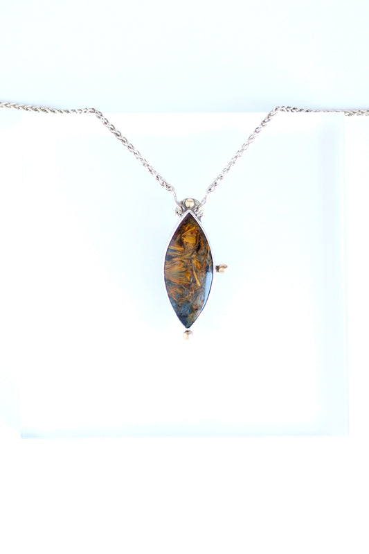 Pietersite "Flame" Sterling Silver and 14k Gold Necklace