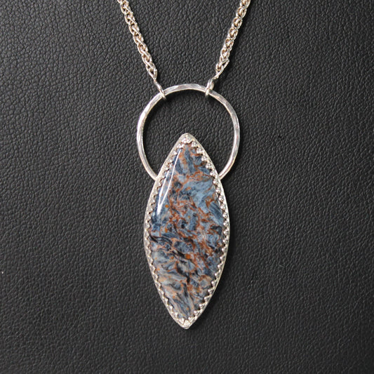 Pietersite Blue Orange Swirl Gemstone Marquise Shaped in Halo Setting - Sterling Silver Necklace