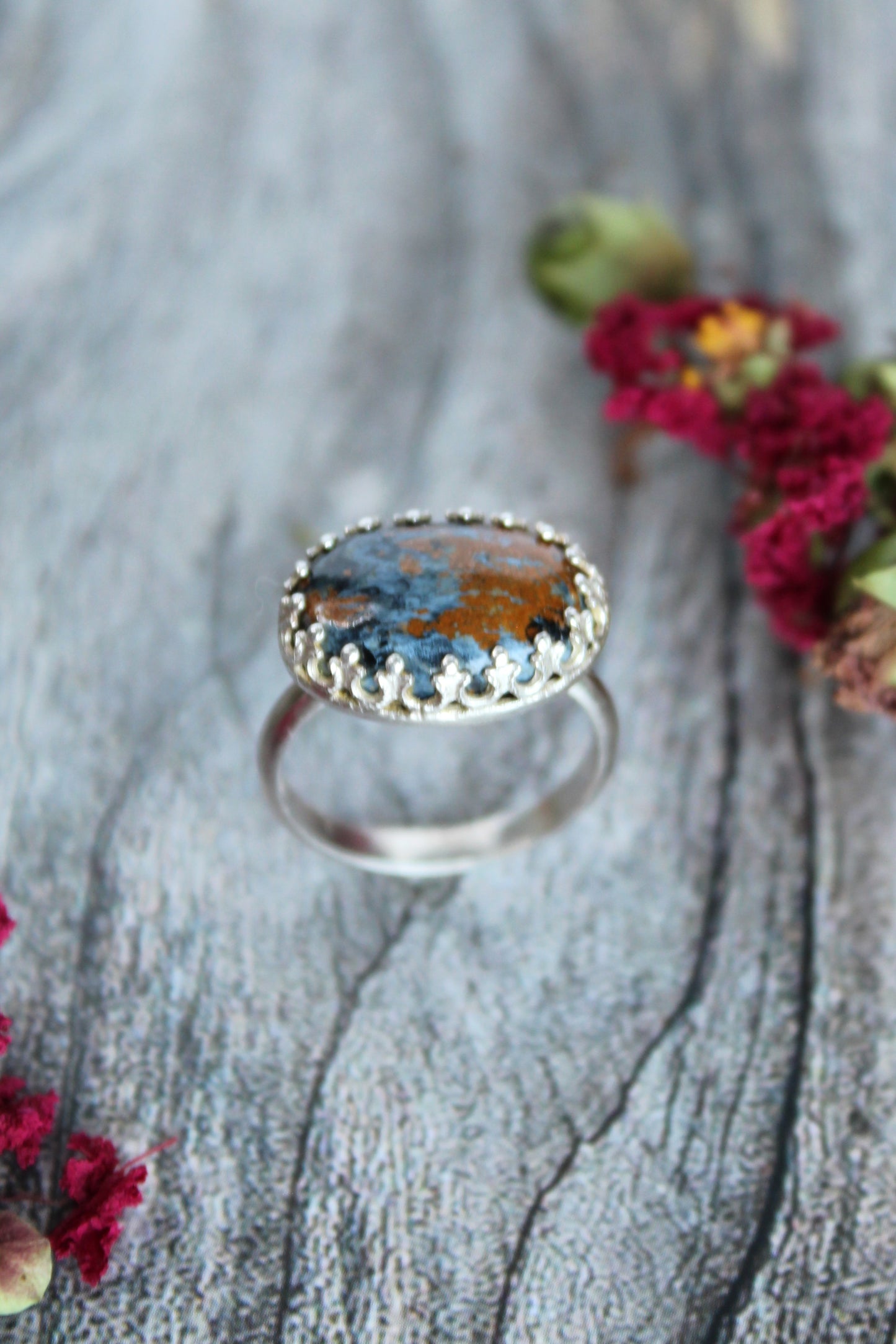 Pietersite Orange and Blue Gemstone Oval Shaped set in Sterling Silver with Smooth Band and Patterned Bezel, size 6.5 Ring. One of Kind and Handmade by Cara Carter Jewelry