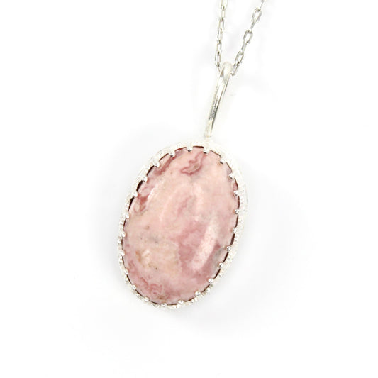 Pink Agate Oval Gemstone set in Patterned Bezel - Sterling Silver Necklace