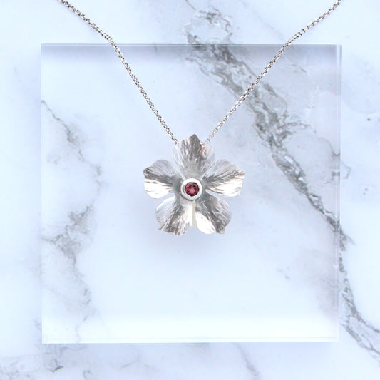 Pink Tourmaline Flower Hand-Pierced Sterling Silver Necklace