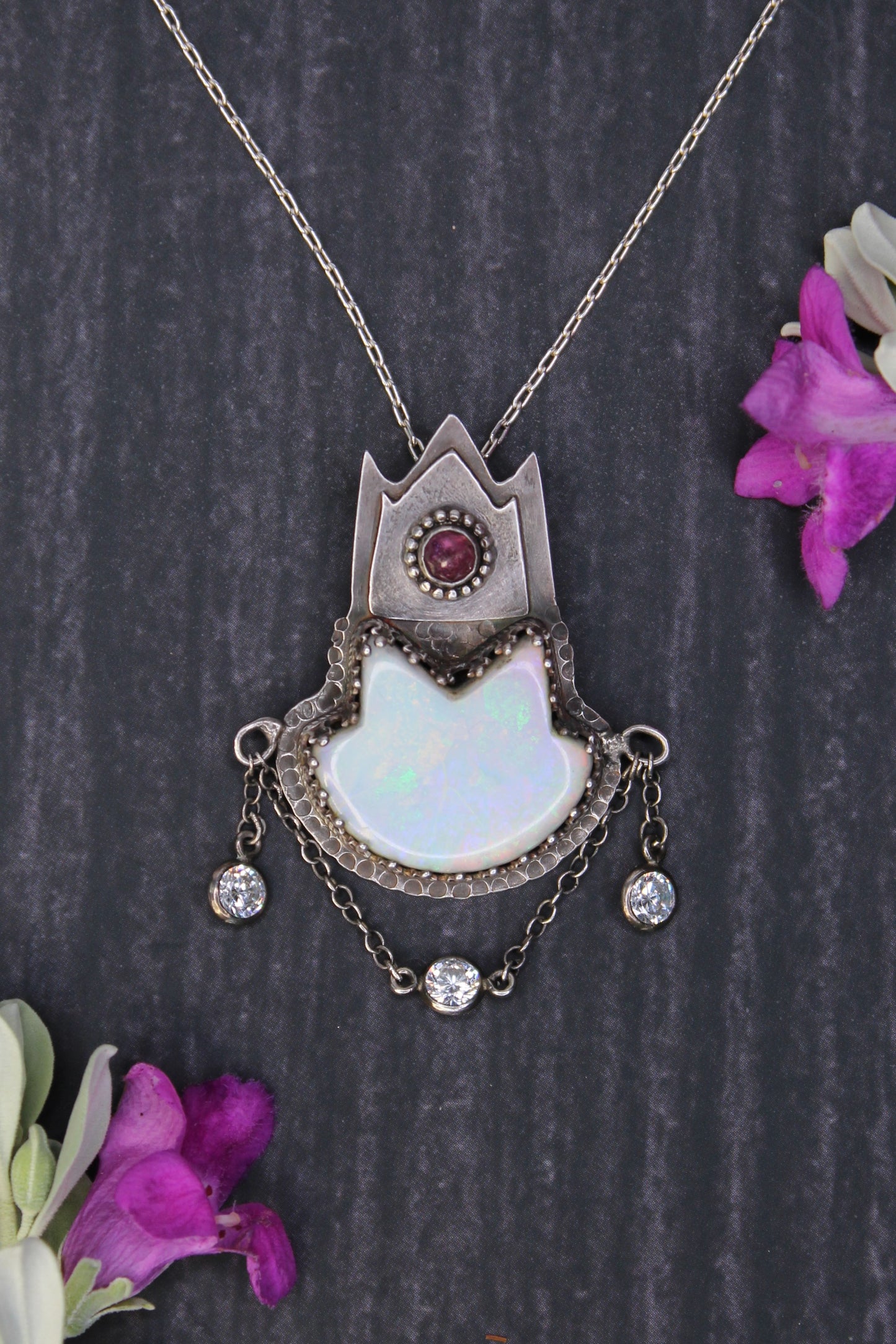 Queen of the Cat Ladies - Monarch Opal and Tourmaline Sterling Silver Necklace