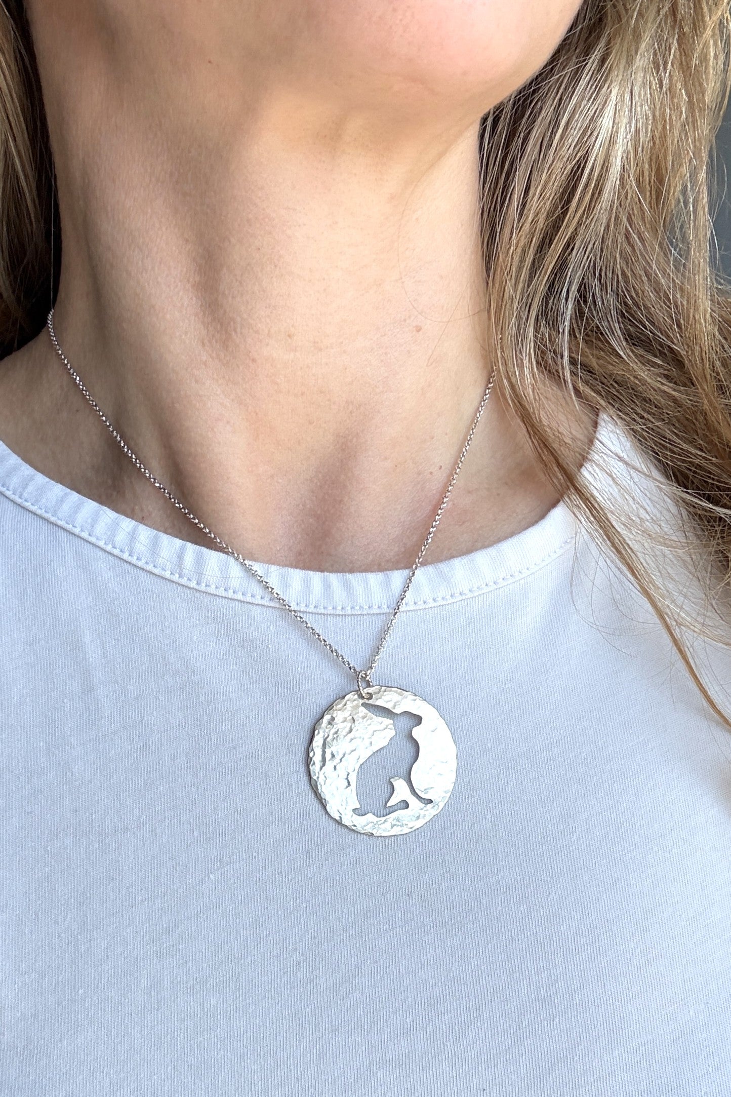 Rabbit Silhouette | Hand-Pierced Sterling Silver Circle Pendant Necklace