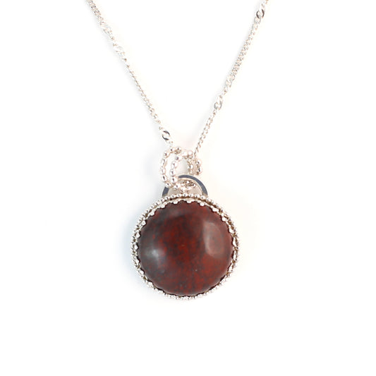 Red Poppy Jasper Circular Gemstone set in Patterned Bezel Surrounded by Beads - Sterling Silver Necklace