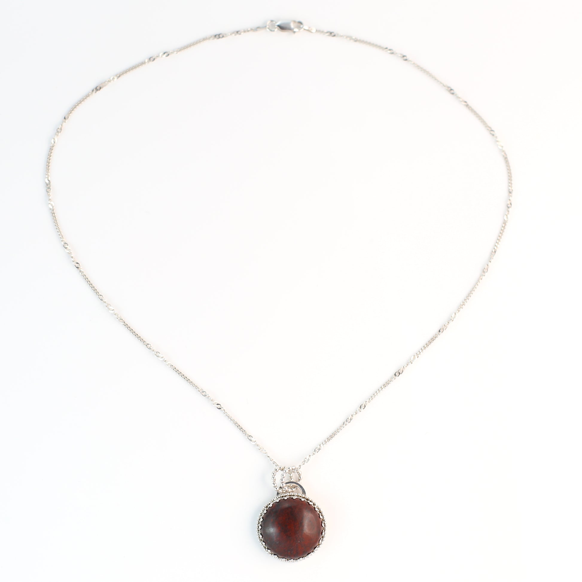 Red Poppy Jasper Circular Gemstone set in Patterned Bezel Surrounded by Beads - Sterling Silver Necklace