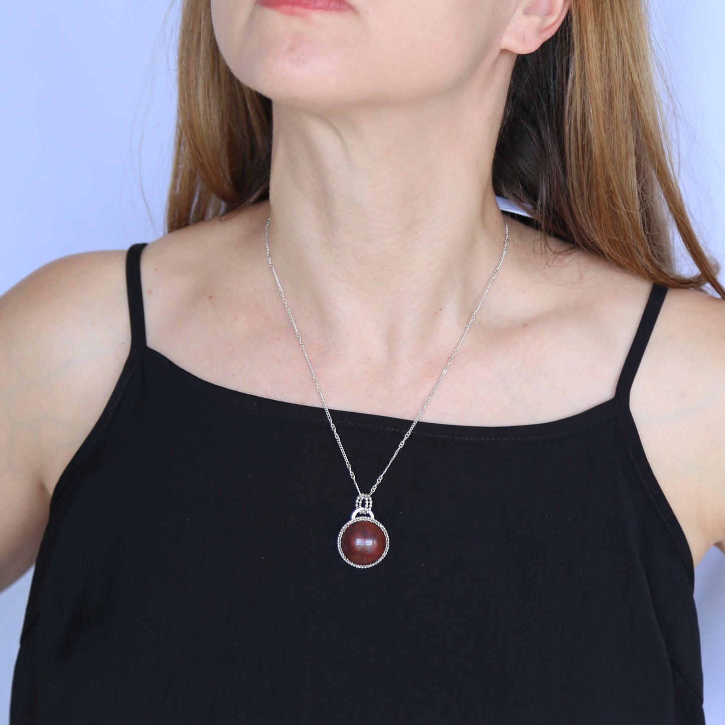 Red Poppy Jasper Circular Gemstone set in Patterned Bezel Surrounded by Beads - Sterling Silver Necklace