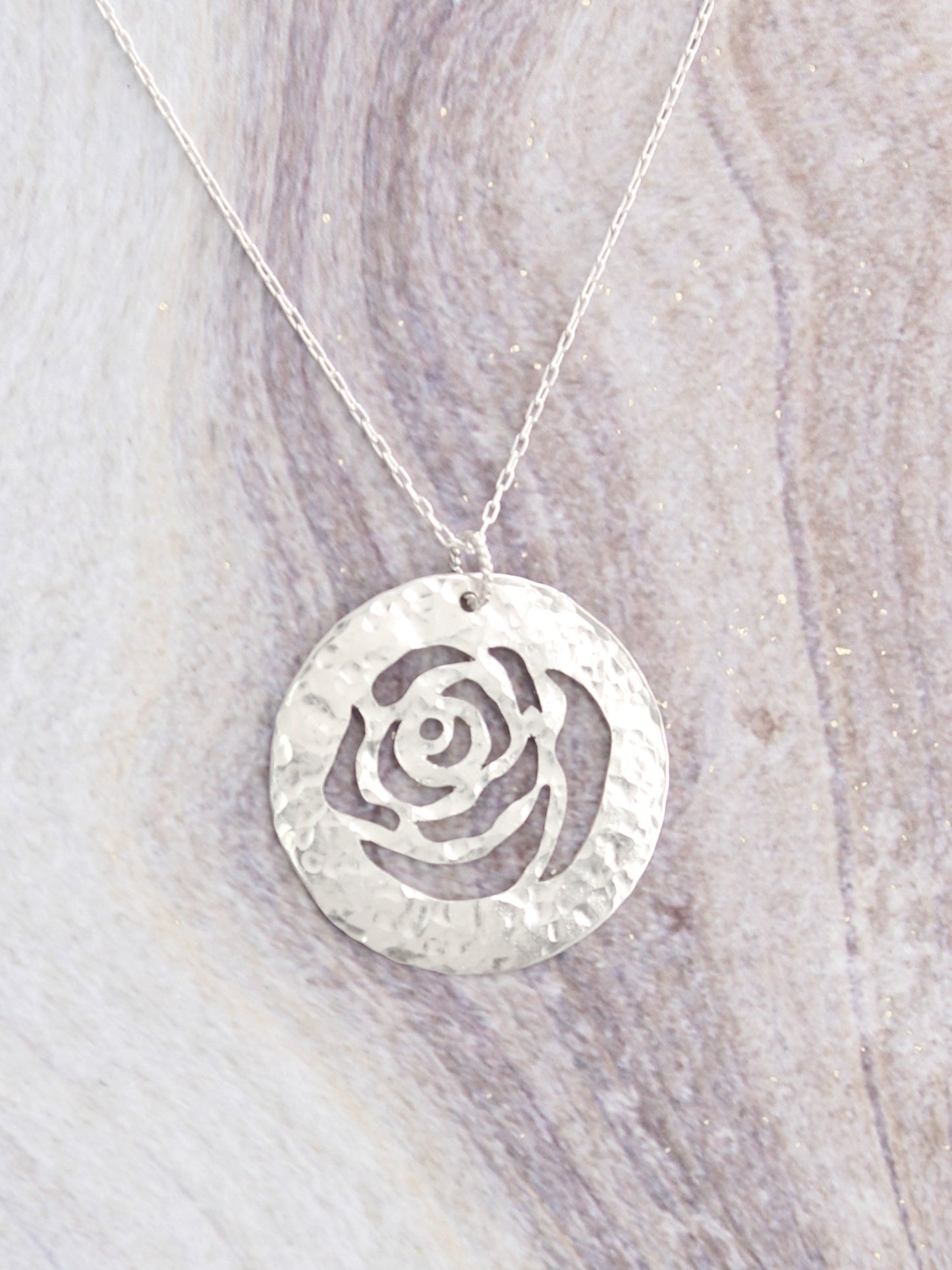 Rose in Bloom Flower | Hand-Pierced Sterling Silver Circle Pendant Necklace