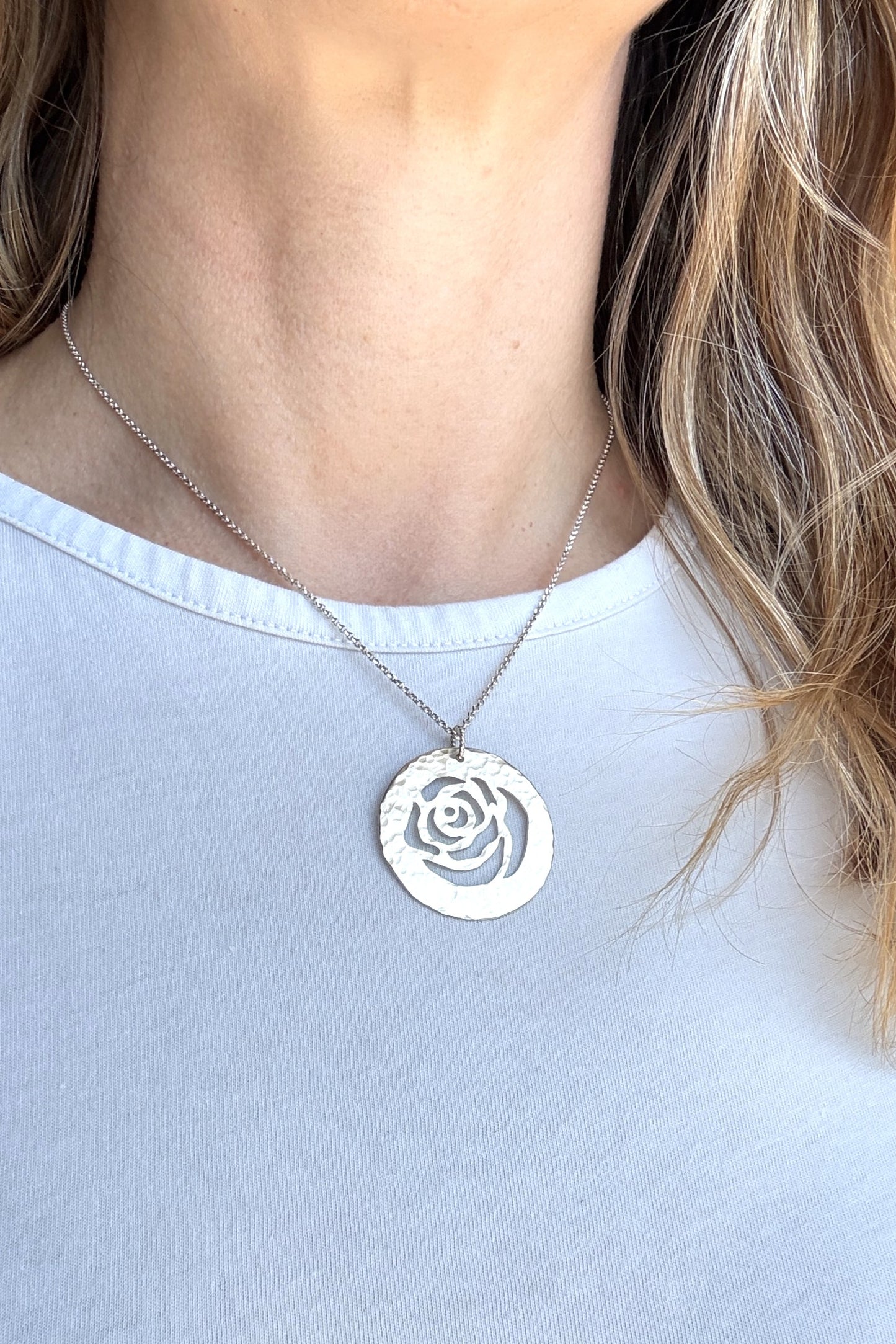 Rose in Bloom Flower | Hand-Pierced Sterling Silver Circle Pendant Necklace