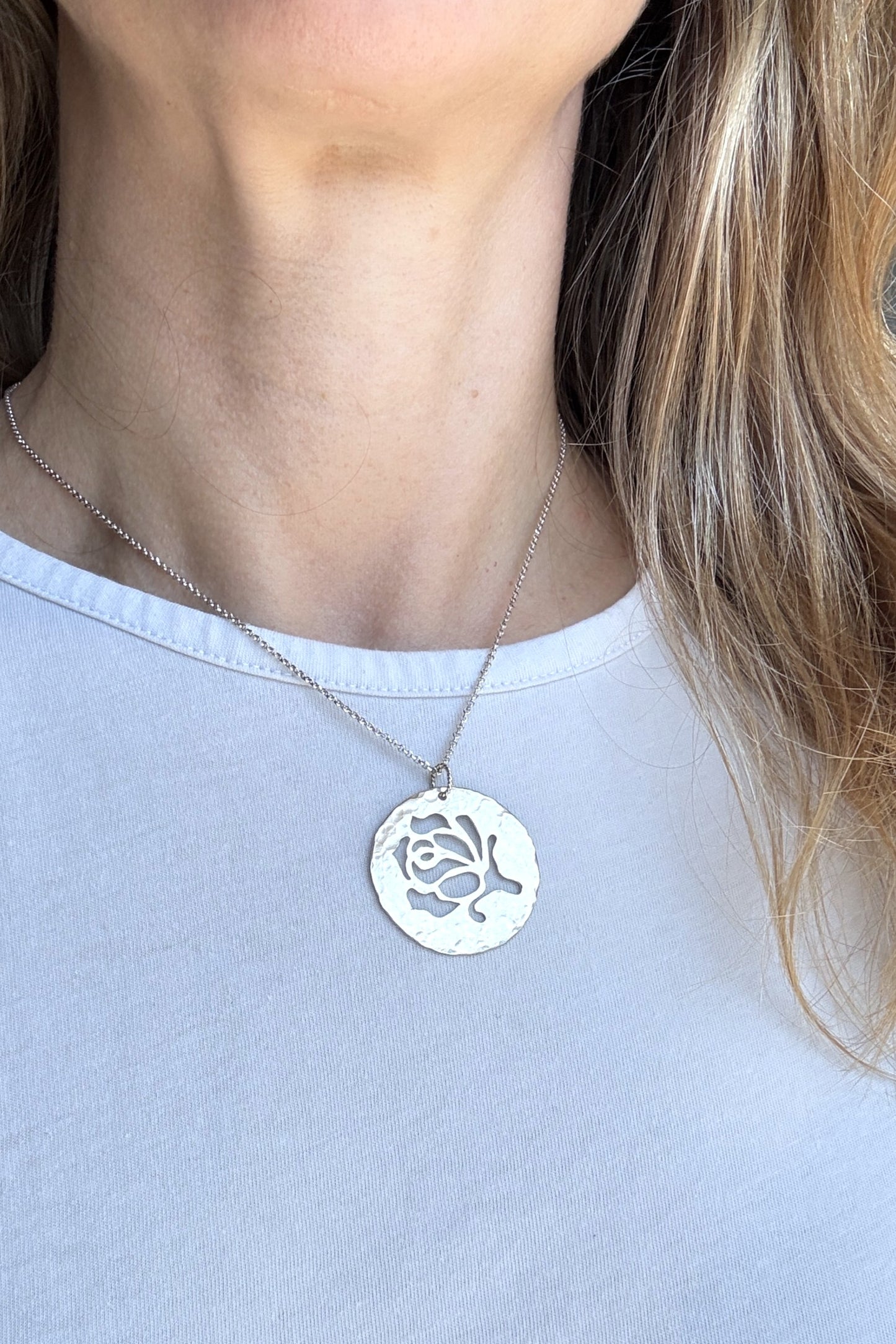 Rose Bud Flower | Hand-Pierced Sterling Silver Circle Pendant Necklace