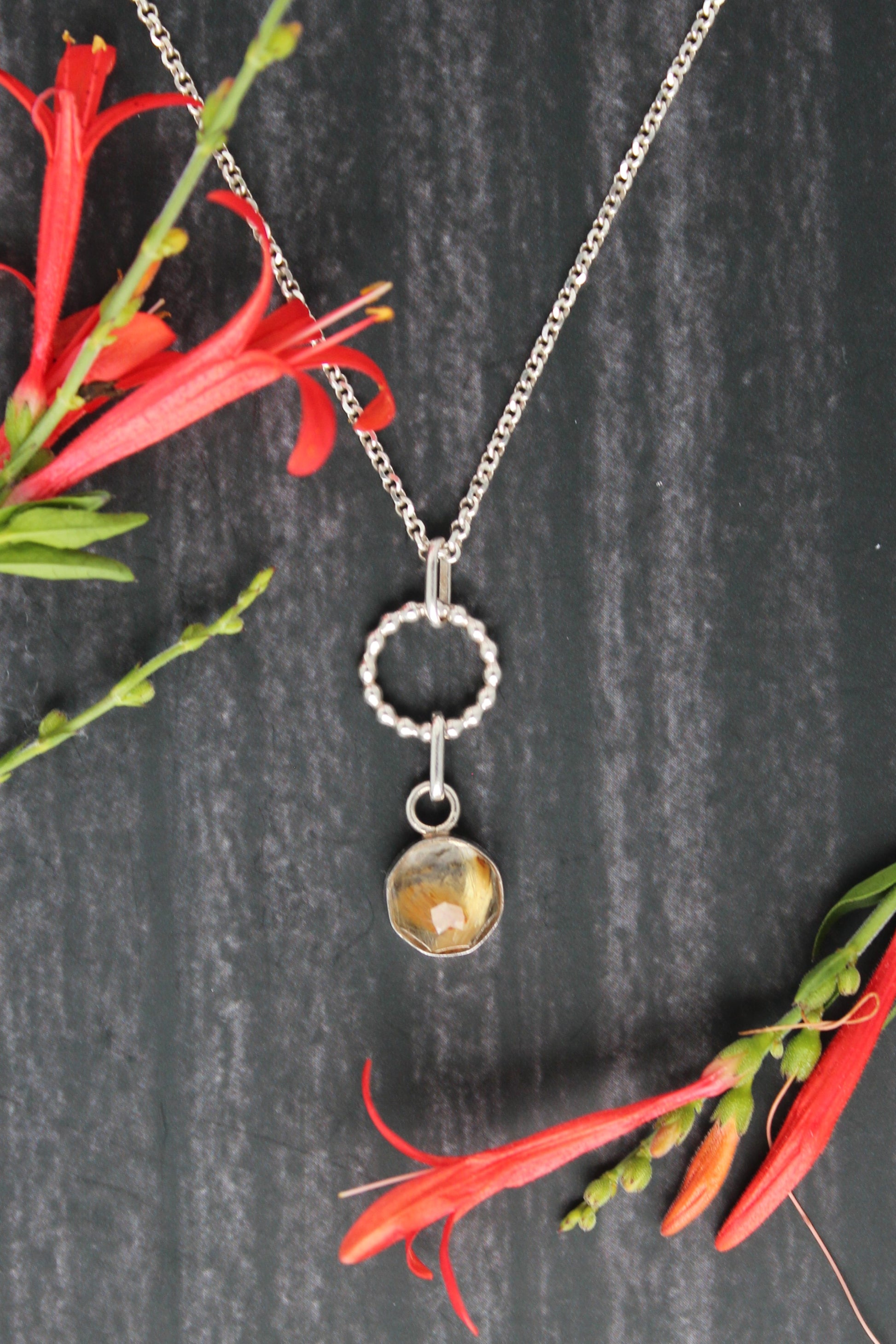 Handmade Rutilated Faceted Quartz Gemstone Beaded Circle Dangle Sterling Silver Pendant Necklace by Cara Carter Jewelry