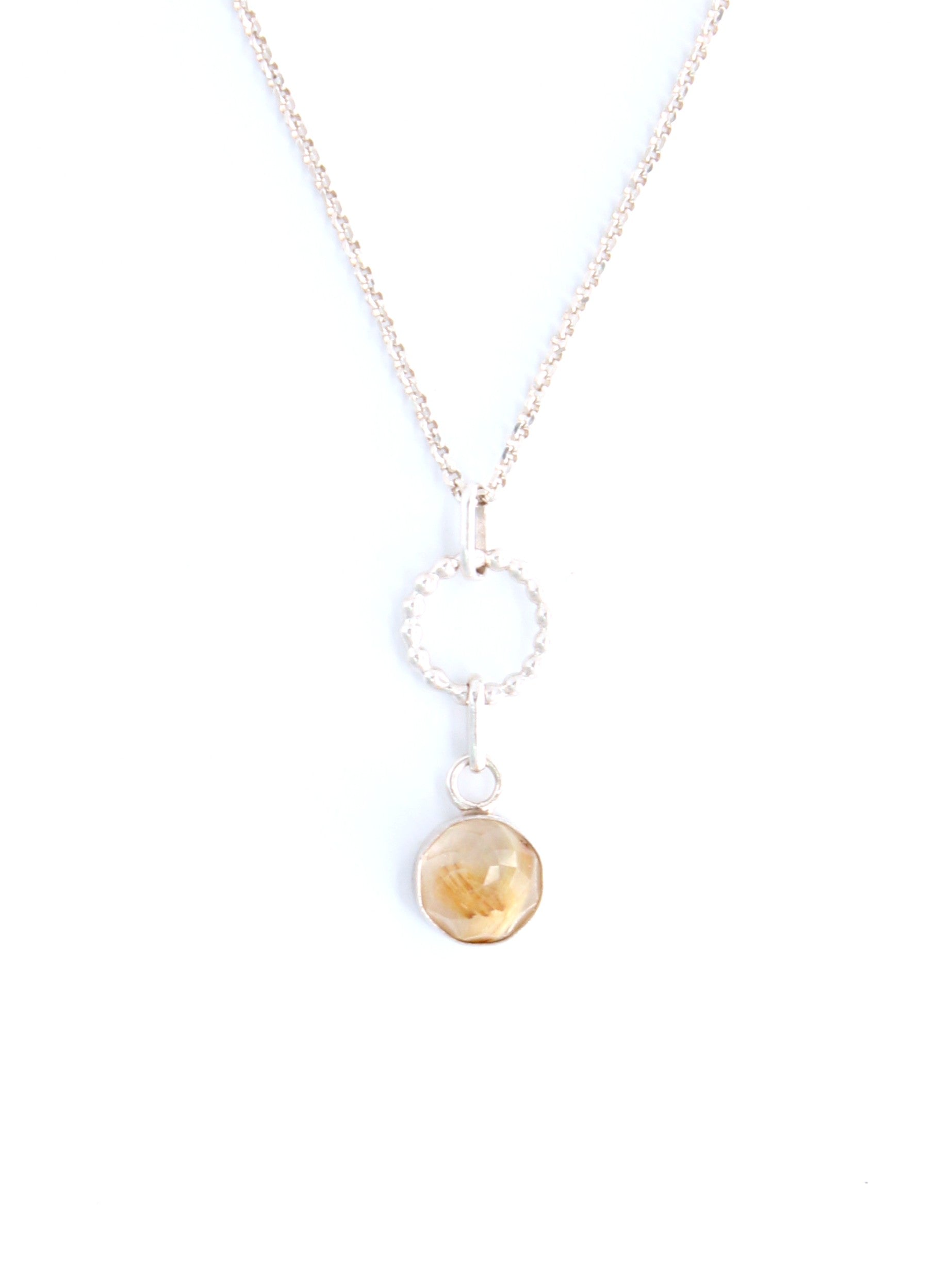 Handmade Rutilated Faceted Quartz Gemstone Beaded Circle Dangle Sterling Silver Pendant Necklace by Cara Carter Jewelry
