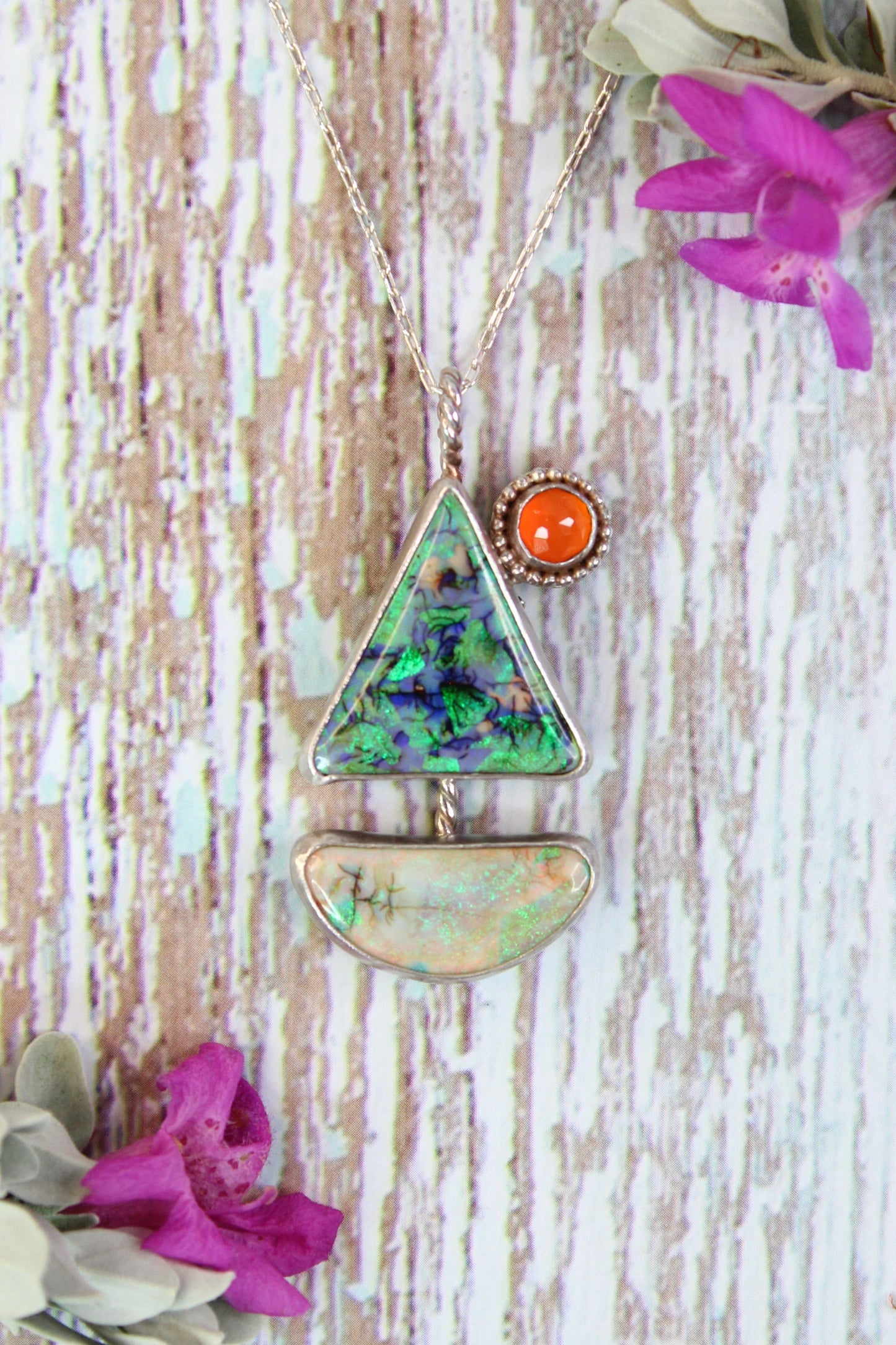 Monarch Opal and Carnelian Sailboat Sterling Silver Necklace