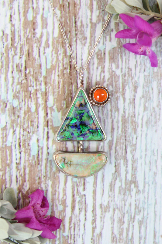 Monarch Opal and Carnelian Sailboat Sterling Silver Necklace