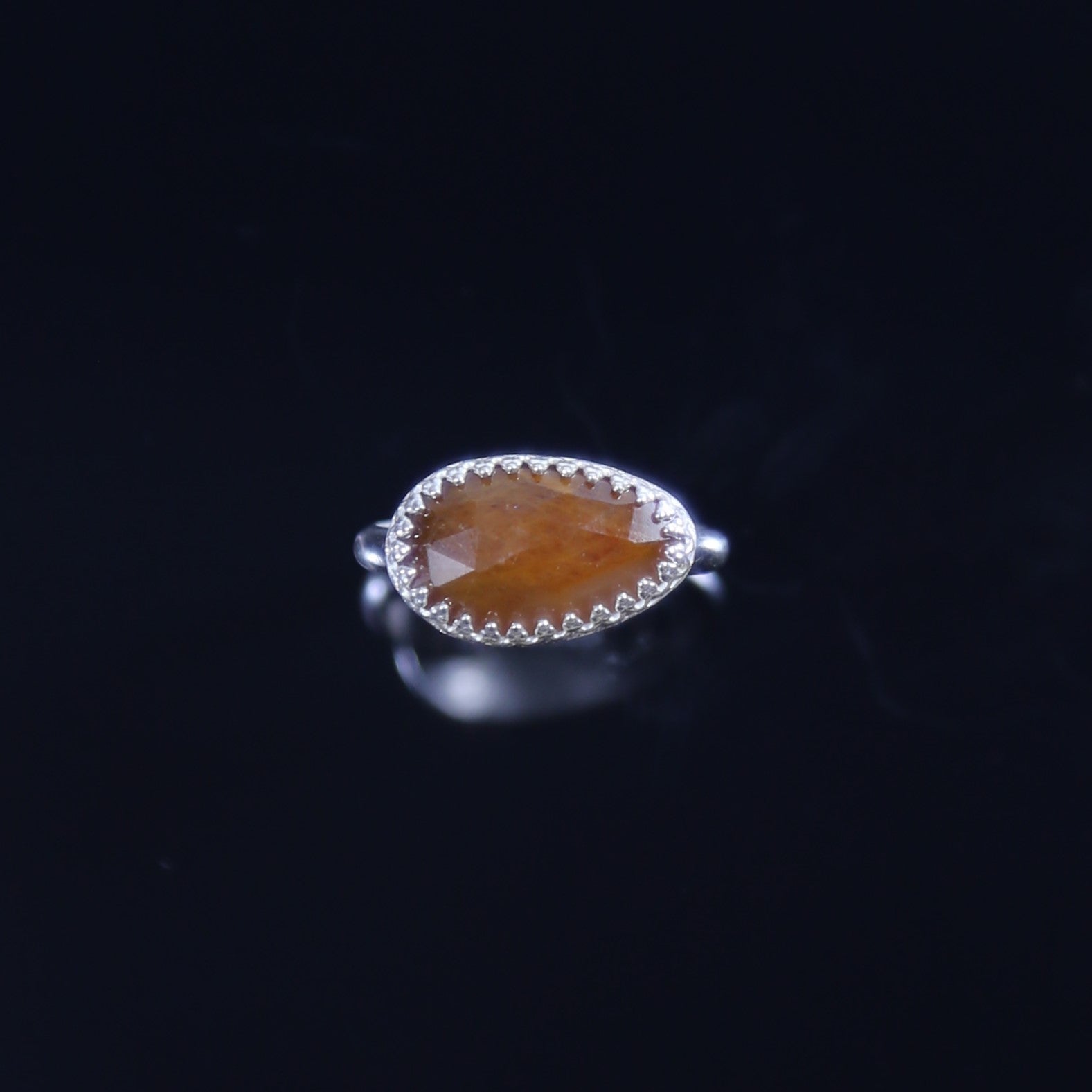 Natural Orange Faceted Tear Drop Sapphire offset in Sterling Silver Ring, Size 8.5. One of a kind and handmade by Cara Carter Jewelry