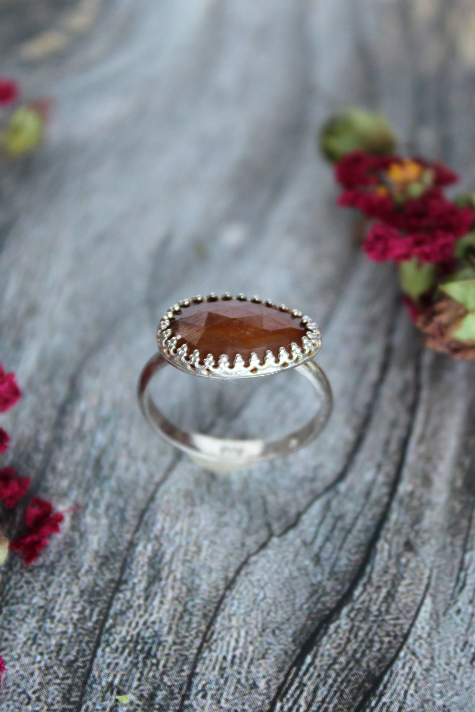 Natural Orange Faceted Tear Drop Sapphire offset in Sterling Silver Ring, Size 8.5. One of a kind and handmade by Cara Carter Jewelry