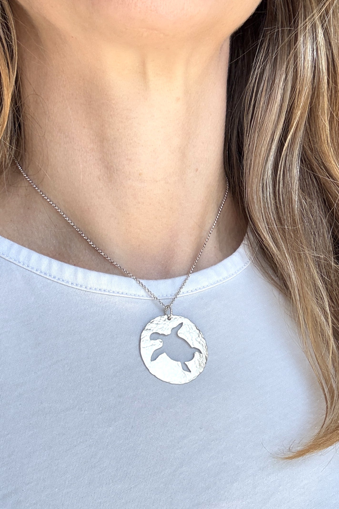 Sea Turtle Silhouette | Hand-Pierced Sterling Silver Circle Pendant Necklace