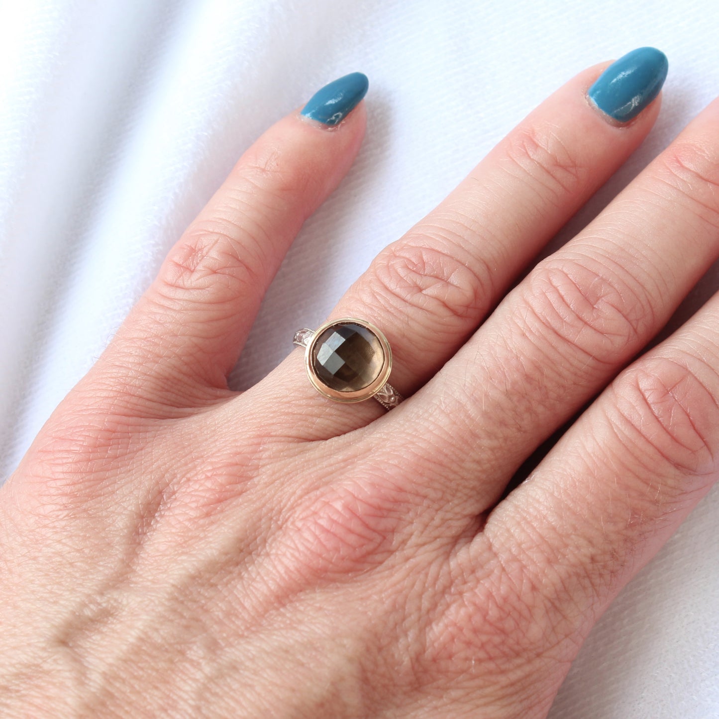 Smoky Quartz Brown Faceted Gemstone set in 14k Gold Bezel with a Patterned Sterling Silver Band