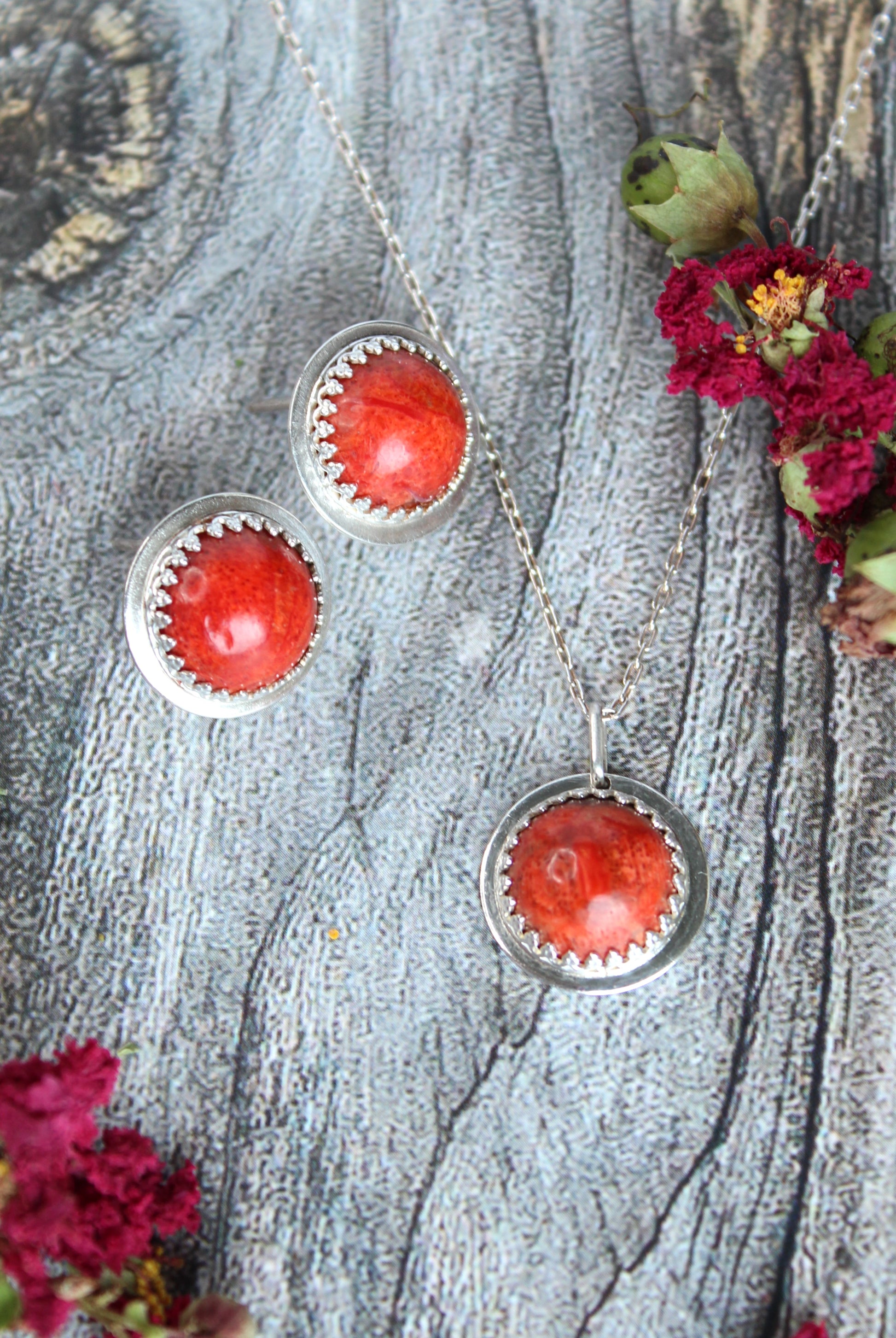 Red Sponge Coral Round Gemstone Sterling Silver Post Earrings and Pendant Necklace Jewelry Set. One of a Kind and Handmade by Cara Carter Jewelry