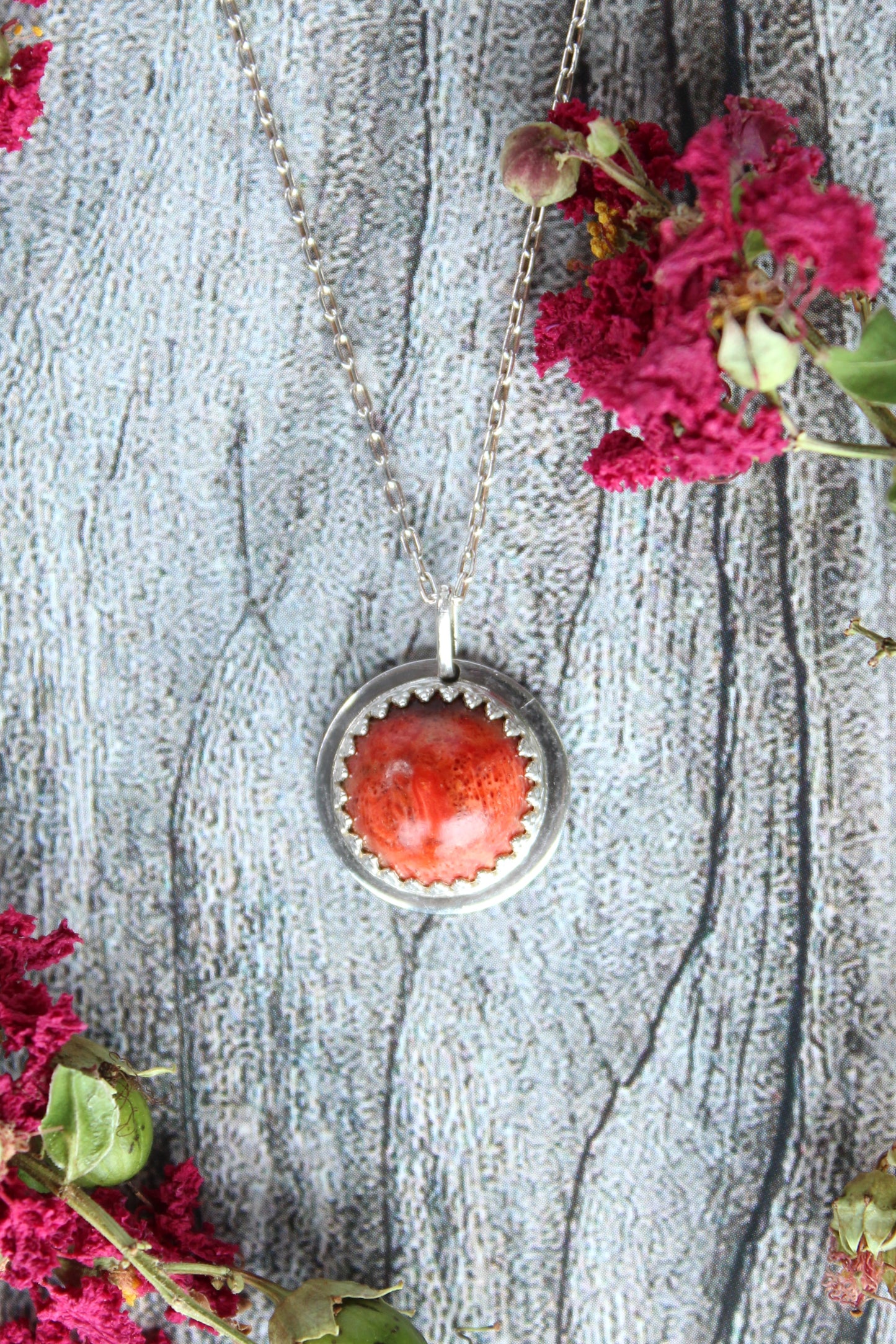 Natural Red Sponge Coral Gemstone Pendant Necklace set in Sterling Silver. Handmade by Cara Carter Jewelry