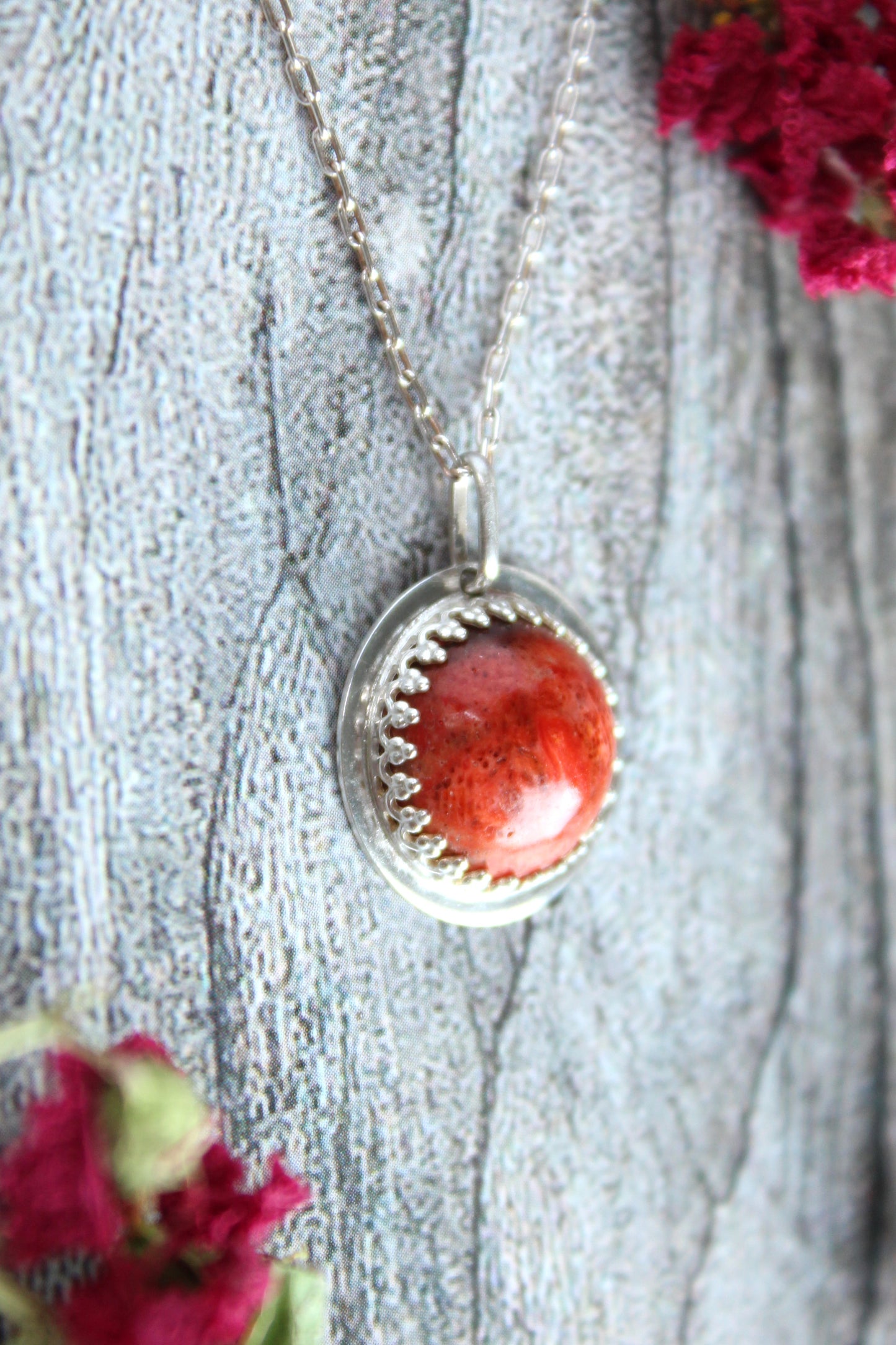 Natural Red Sponge Coral Gemstone Pendant Necklace set in Sterling Silver. Handmade by Cara Carter Jewelry