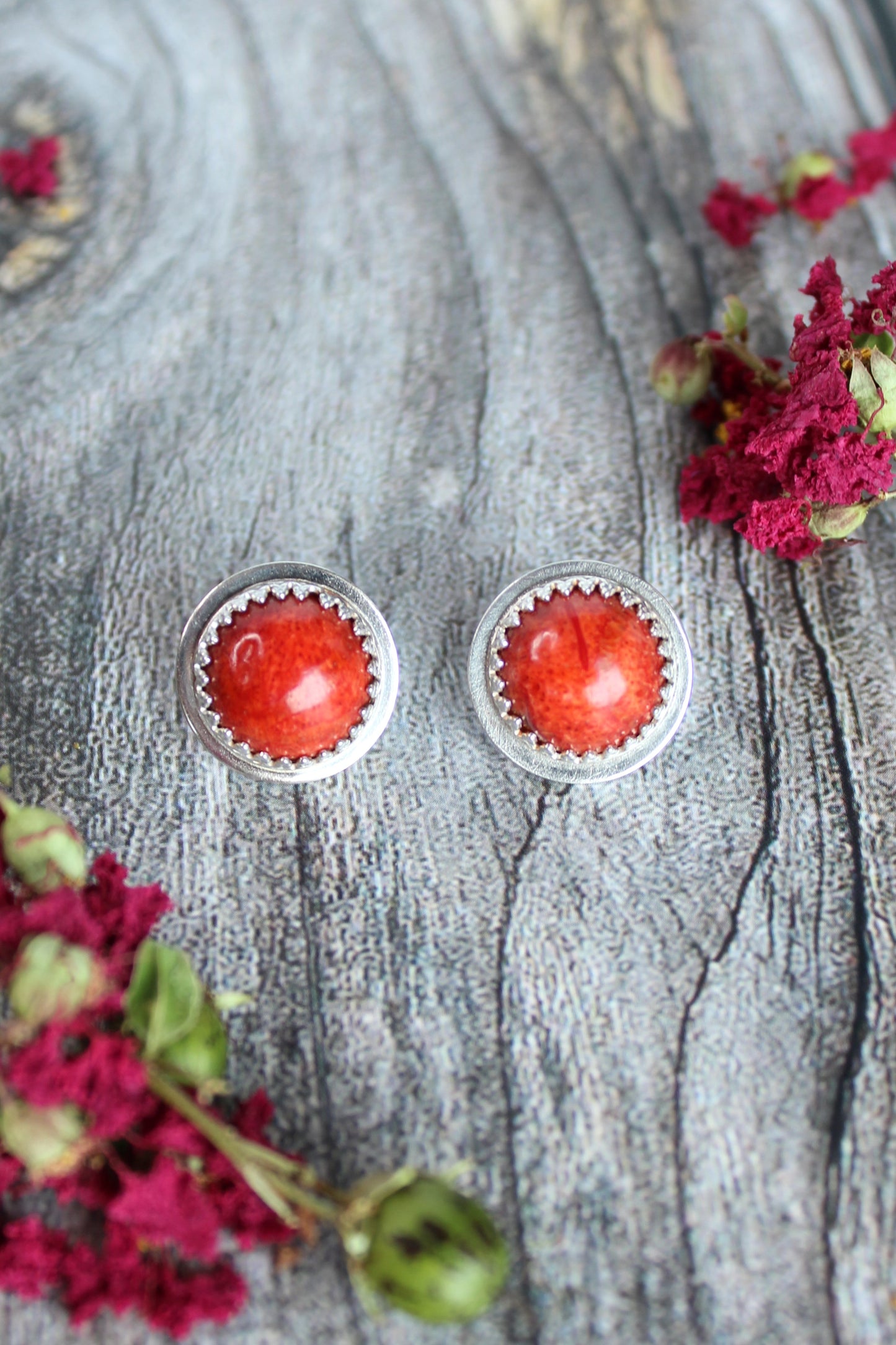 Red Sponge Coral Round Gemstone Sterling Silver Post Earrings. One of a Kind and Handmade by Cara Carter Jewelry