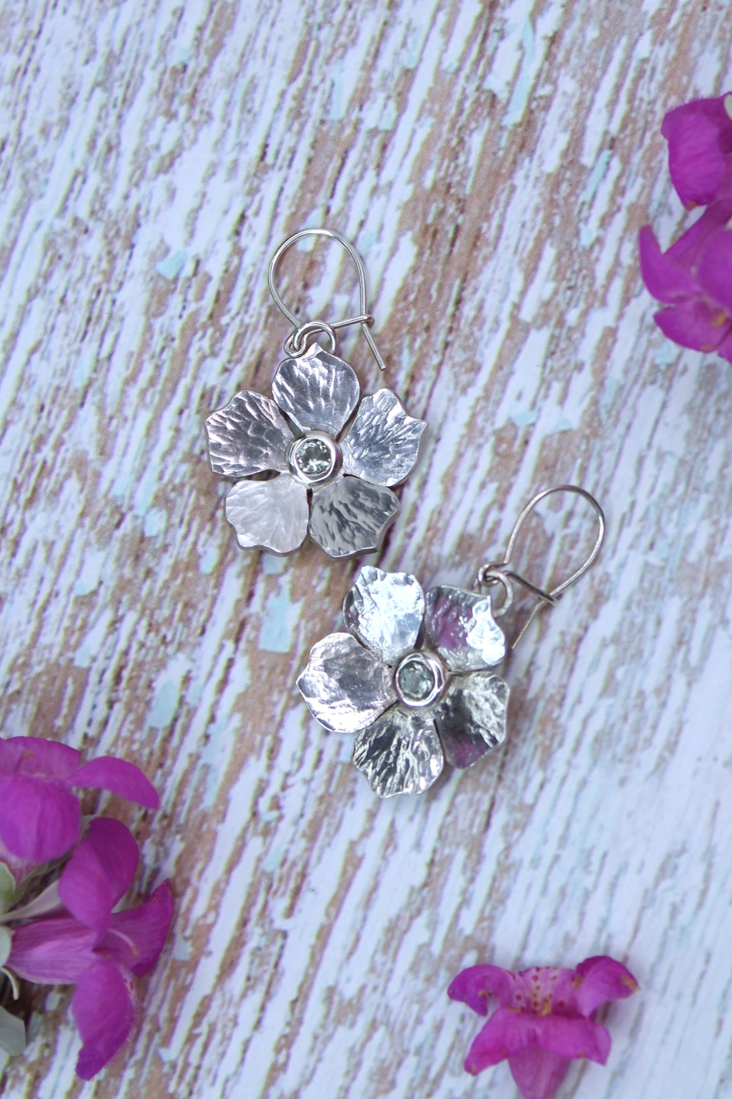 Tourmaline Flower Blossums Hand-Pierced Sterling Silver Earrings