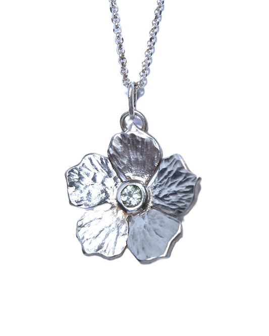 Blue Tourmaline Flower Hand-Pierced Sterling Silver Necklace