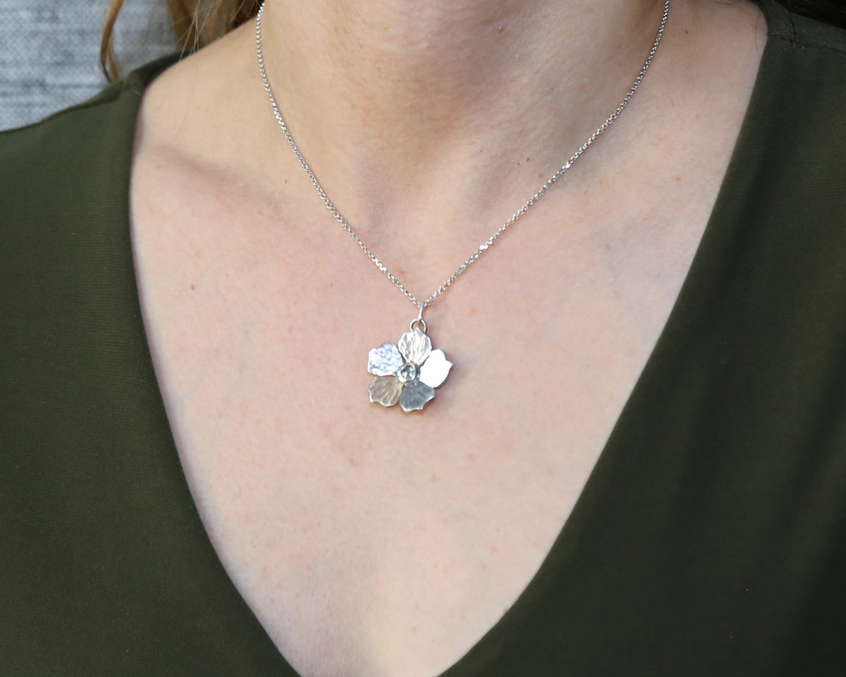 Blue Tourmaline Flower Hand-Pierced Sterling Silver Necklace