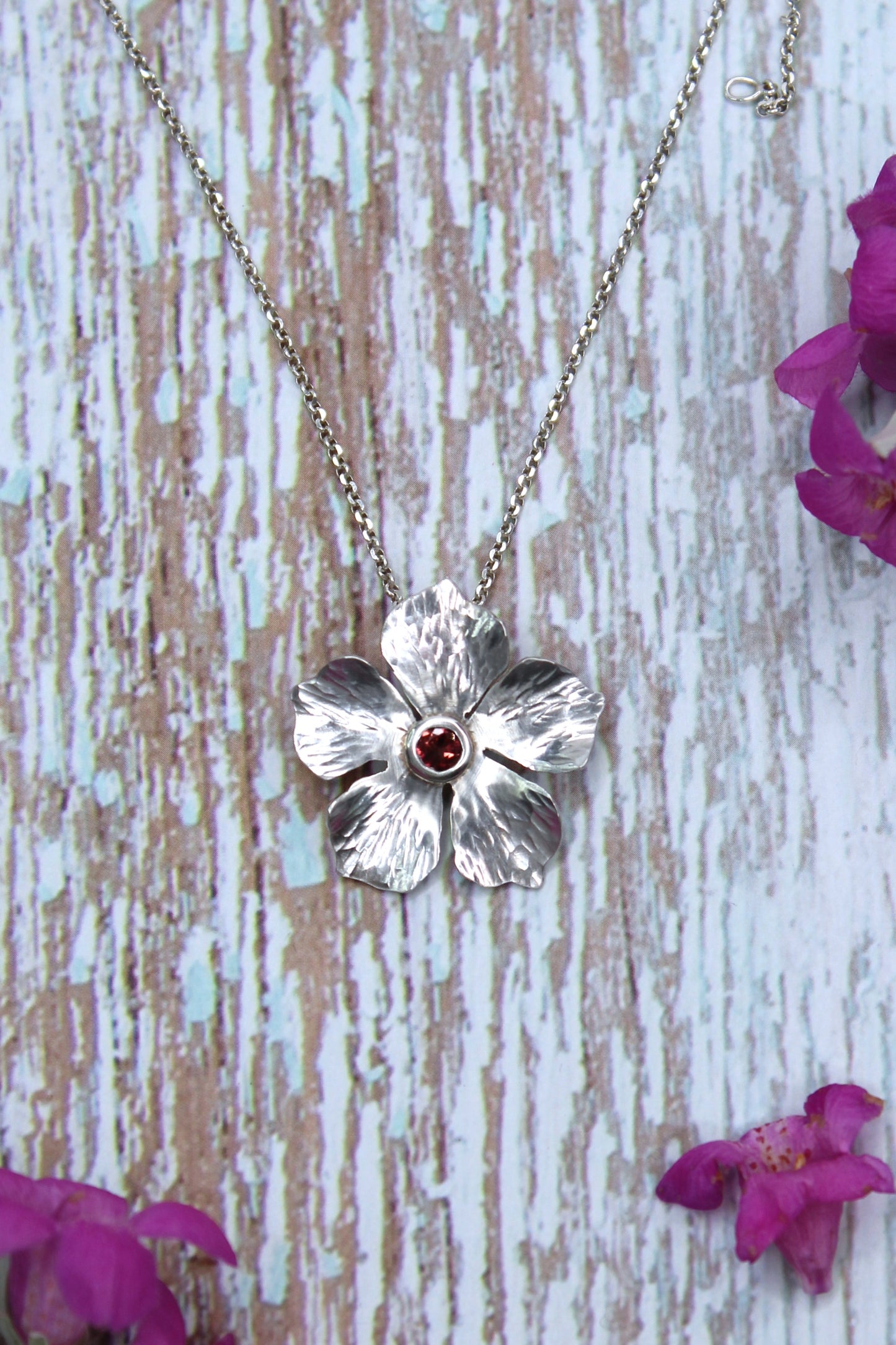 Pink Tourmaline Flower Hand-Pierced Sterling Silver Necklace